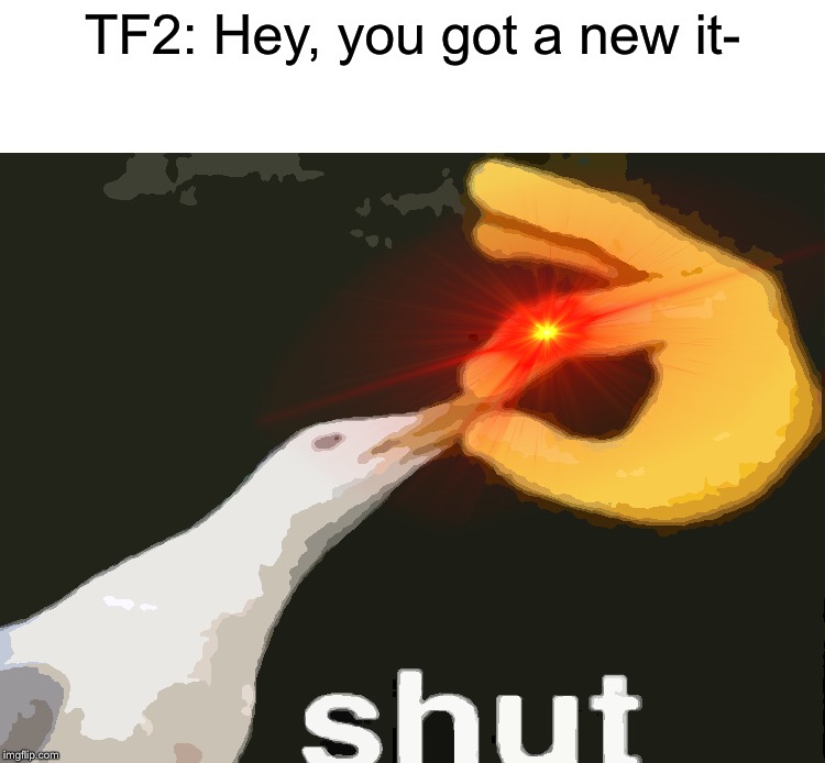 In a Nutshell: Episode 18 | TF2 | TF2: Hey, you got a new it- | image tagged in shut,memes,tf2,in a nutshell,team fortress 2,shut up | made w/ Imgflip meme maker