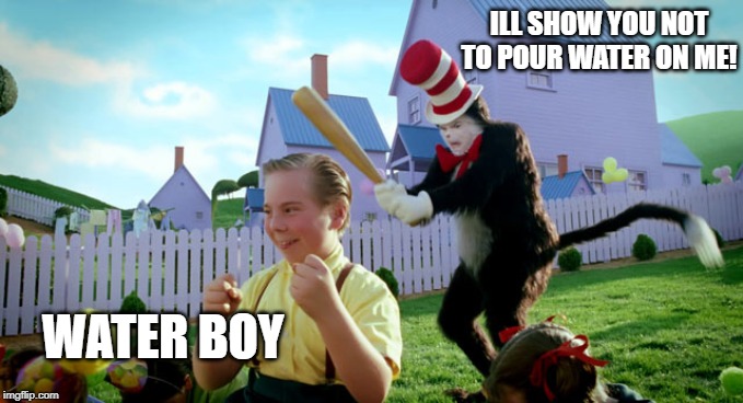 Cat in the hat with a bat. (______ Colorized) | ILL SHOW YOU NOT TO POUR WATER ON ME! WATER BOY | image tagged in cat in the hat with a bat ______ colorized | made w/ Imgflip meme maker