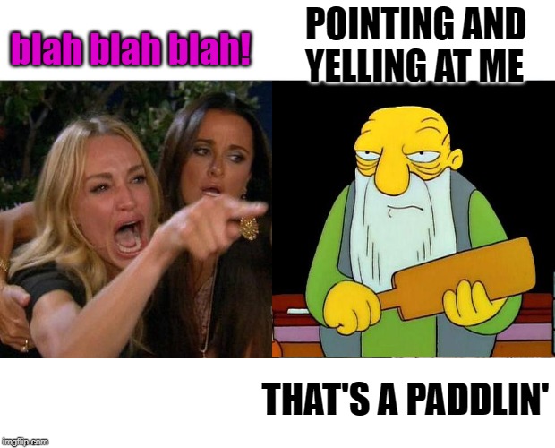 POINTING AND YELLING AT ME; blah blah blah! THAT'S A PADDLIN' | image tagged in memes,woman yelling at cat,that's a paddlin' | made w/ Imgflip meme maker