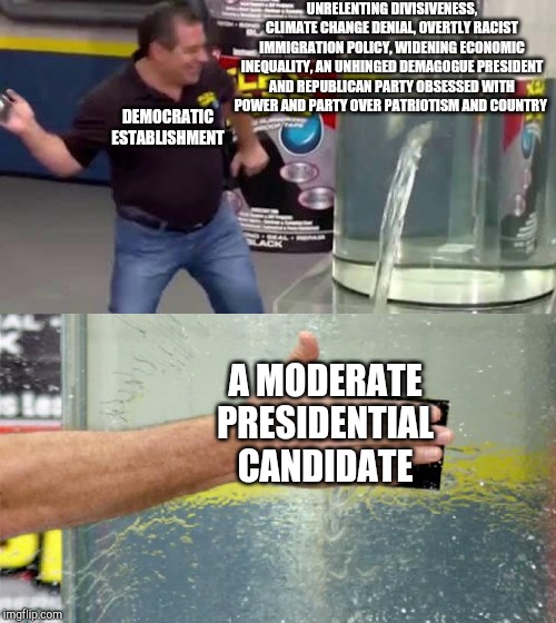 Flex Tape | UNRELENTING DIVISIVENESS, CLIMATE CHANGE DENIAL, OVERTLY RACIST IMMIGRATION POLICY, WIDENING ECONOMIC INEQUALITY, AN UNHINGED DEMAGOGUE PRESIDENT AND REPUBLICAN PARTY OBSESSED WITH POWER AND PARTY OVER PATRIOTISM AND COUNTRY; DEMOCRATIC ESTABLISHMENT; A MODERATE PRESIDENTIAL CANDIDATE | image tagged in flex tape | made w/ Imgflip meme maker