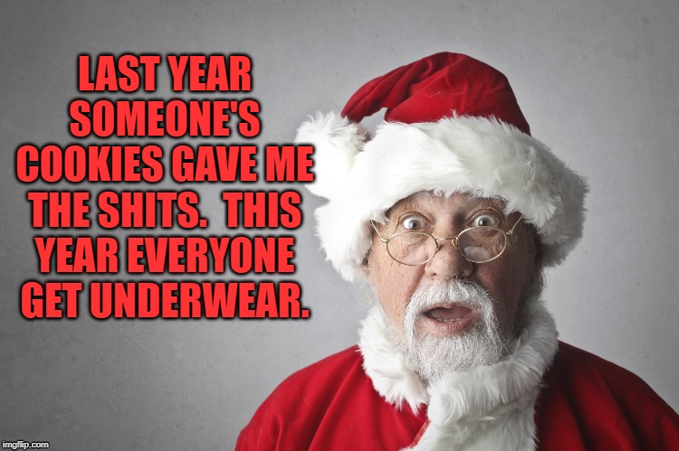 Santa Claus | LAST YEAR SOMEONE'S COOKIES GAVE ME THE SHITS.  THIS YEAR EVERYONE GET UNDERWEAR. | image tagged in santa claus,anyone who loves cookies,cookies,diarrhea | made w/ Imgflip meme maker