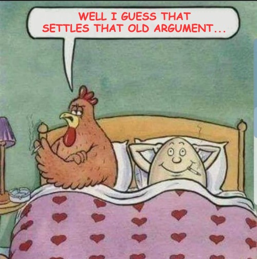 Resolved that old Philosophical Causality Dilemma. As if we never really knew... | WELL I GUESS THAT SETTLES THAT OLD ARGUMENT... | image tagged in chicken,egg,coming | made w/ Imgflip meme maker