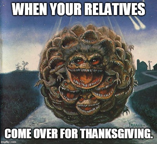 Where's the turkey? | WHEN YOUR RELATIVES COME OVER FOR THANKSGIVING. | image tagged in critter ball | made w/ Imgflip meme maker