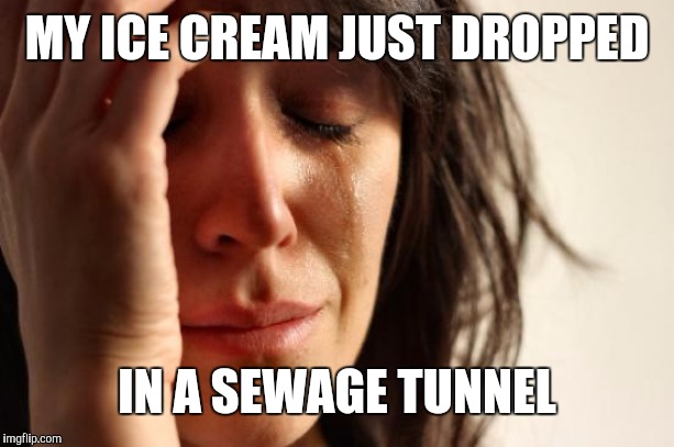 First World Problems | MY ICE CREAM JUST DROPPED; IN A SEWAGE TUNNEL | image tagged in memes,first world problems | made w/ Imgflip meme maker