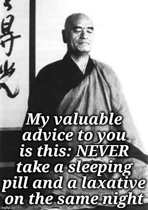 You're welcome! | My valuable advice to you is this: NEVER take a sleeping pill and a laxative on the same night | image tagged in zen master,wisdom | made w/ Imgflip meme maker