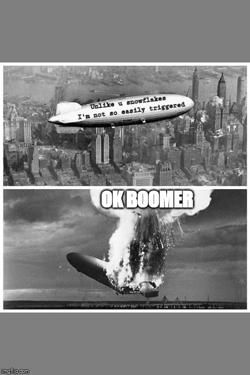 Blimp Explosion | Unlike u snowflakes 
I'm not so easily triggered; OK BOOMER | image tagged in blimp explosion | made w/ Imgflip meme maker