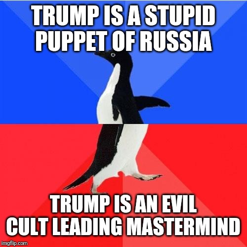 Socially Awkward Awesome Penguin Meme | TRUMP IS A STUPID PUPPET OF RUSSIA TRUMP IS AN EVIL CULT LEADING MASTERMIND | image tagged in memes,socially awkward awesome penguin | made w/ Imgflip meme maker
