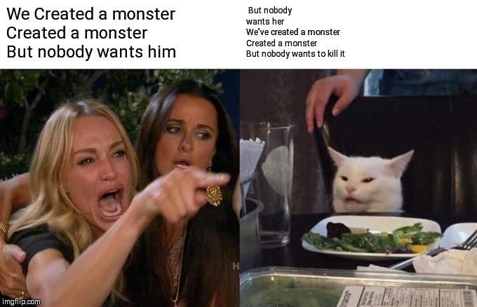 Woman Yelling At Cat | We Created a monster
Created a monster
But nobody wants him; But nobody wants her
We've created a monster
Created a monster
But nobody wants to kill it | image tagged in memes,woman yelling at cat | made w/ Imgflip meme maker
