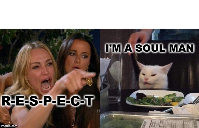 Woman Yelling At Cat Meme | I'M A SOUL MAN; R-E-S-P-E-C-T | image tagged in memes,woman yelling at cat | made w/ Imgflip meme maker