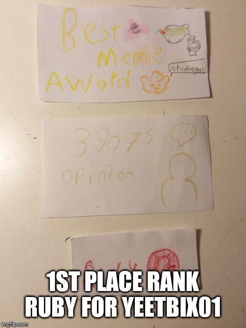 1ST PLACE RANK RUBY FOR YEETBIX01 | made w/ Imgflip meme maker
