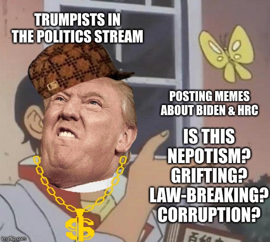 Irony much | TRUMPISTS IN THE POLITICS STREAM; POSTING MEMES ABOUT BIDEN & HRC; IS THIS NEPOTISM? GRIFTING? LAW-BREAKING? CORRUPTION? | image tagged in memes,is this a pigeon,corruption,donald trump,politics,political meme | made w/ Imgflip meme maker