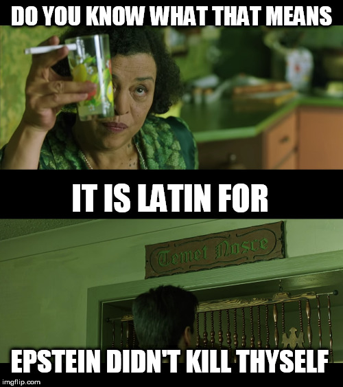 Even the Matrix says it's so | DO YOU KNOW WHAT THAT MEANS; IT IS LATIN FOR; EPSTEIN DIDN'T KILL THYSELF | image tagged in memes,jeffrey epstein,didn't kill himself | made w/ Imgflip meme maker