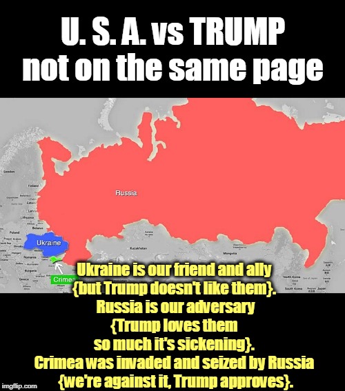 America First is an empty slogan. Trump always advocates for Russia First. Putin approves. | U. S. A. vs TRUMP
not on the same page; Ukraine is our friend and ally 
{but Trump doesn't like them}. 
Russia is our adversary
{Trump loves them 
so much it's sickening}. 
Crimea was invaded and seized by Russia 
{we're against it, Trump approves}. | image tagged in ukraine friend russia adversary crimea lunch,ukraine,russia,crimea,trump,america first | made w/ Imgflip meme maker