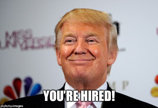 Donald trump approves | YOU’RE HIRED! | image tagged in donald trump approves | made w/ Imgflip meme maker