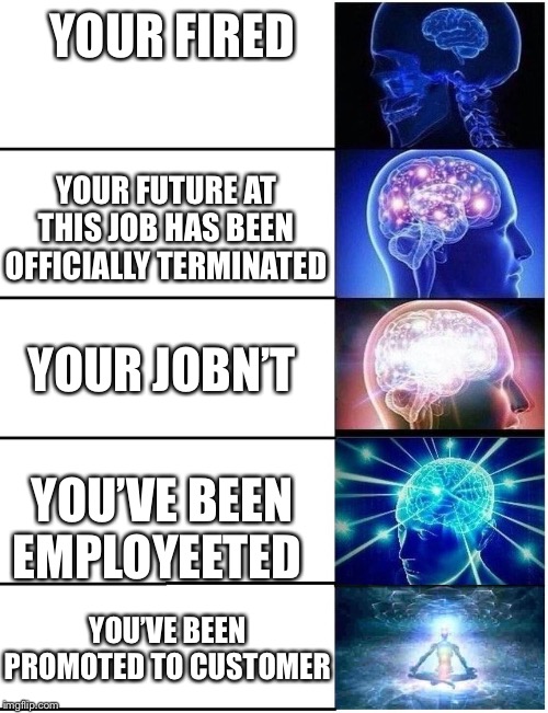 Expanding Brain 5 Panel | YOUR FIRED; YOUR FUTURE AT THIS JOB HAS BEEN OFFICIALLY TERMINATED; YOUR JOBN’T; YOU’VE BEEN EMPLOYEETED; YOU’VE BEEN PROMOTED TO CUSTOMER | image tagged in expanding brain 5 panel | made w/ Imgflip meme maker