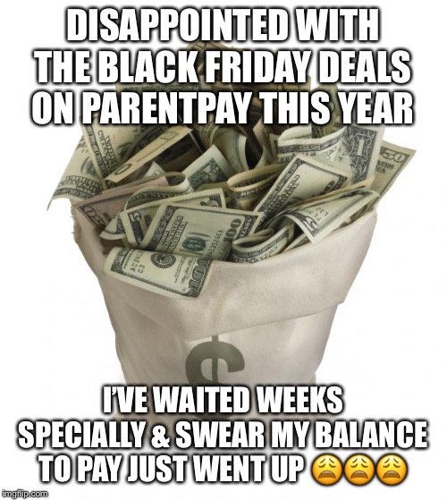 Bag of money | DISAPPOINTED WITH THE BLACK FRIDAY DEALS ON PARENTPAY THIS YEAR; I’VE WAITED WEEKS SPECIALLY & SWEAR MY BALANCE TO PAY JUST WENT UP 😩😩😩 | image tagged in bag of money | made w/ Imgflip meme maker