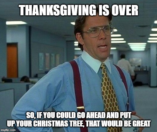 Christmas Tree | THANKSGIVING IS OVER; SO, IF YOU COULD GO AHEAD AND PUT UP YOUR CHRISTMAS TREE, THAT WOULD BE GREAT | image tagged in memes,that would be great,christmas,thanksgiving,christmas tree | made w/ Imgflip meme maker