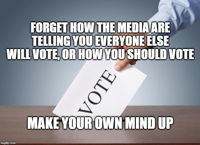 Your vote, your decision | FORGET HOW THE MEDIA ARE TELLING YOU EVERYONE ELSE WILL VOTE, OR HOW YOU SHOULD VOTE; MAKE YOUR OWN MIND UP | image tagged in vote,own mind,individual choice | made w/ Imgflip meme maker