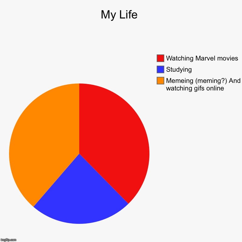 My Life | Memeing (meming?) And watching gifs online, Studying, Watching Marvel movies | image tagged in charts,pie charts | made w/ Imgflip chart maker