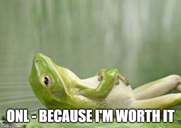 relax frog | ONL - BECAUSE I'M WORTH IT | image tagged in relax frog | made w/ Imgflip meme maker