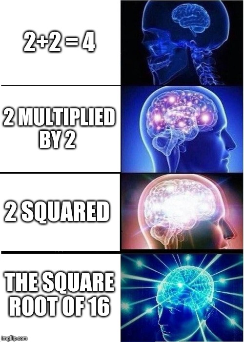 Math | 2+2 = 4; 2 MULTIPLIED BY 2; 2 SQUARED; THE SQUARE ROOT OF 16 | image tagged in memes,expanding brain,math | made w/ Imgflip meme maker