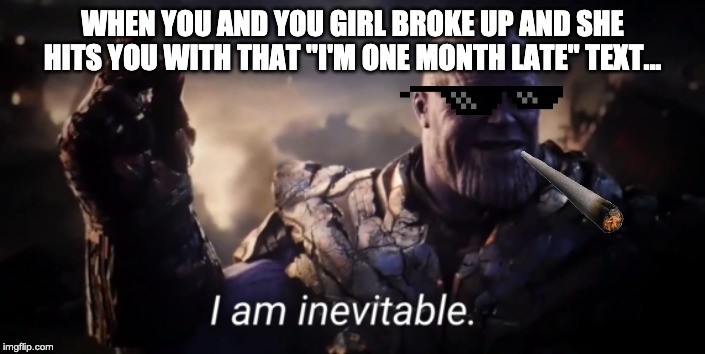 I am inevitable | WHEN YOU AND YOU GIRL BROKE UP AND SHE HITS YOU WITH THAT "I'M ONE MONTH LATE" TEXT... | image tagged in i am inevitable | made w/ Imgflip meme maker