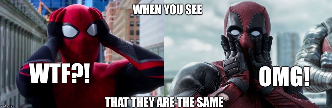 Spiderpool | WHEN YOU SEE; OMG! WTF?! THAT THEY ARE THE SAME | image tagged in spider-man,deadpool,friends,shocked,face | made w/ Imgflip meme maker