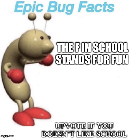 THE F IN SCHOOL STANDS FOR FUN; UPVOTE IF YOU DOESN’T LIKE SCHOOL | image tagged in funny,memes | made w/ Imgflip meme maker