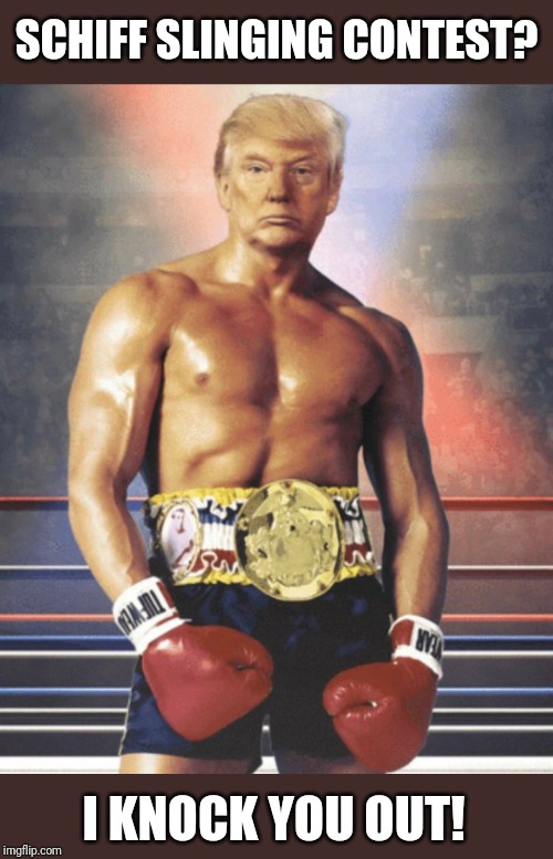 Shit Slinging Contest wit the Teflon Don? I pity the fool! | SCHIFF SLINGING CONTEST? I KNOCK YOU OUT! | image tagged in rocky balboa,shitstorm,deep state,knockout,winning,donald trump approves | made w/ Imgflip meme maker