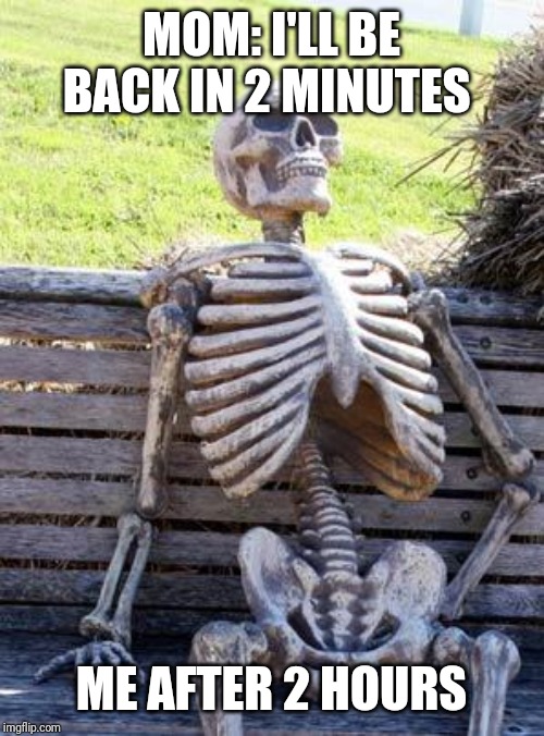 Waiting Skeleton | MOM: I'LL BE BACK IN 2 MINUTES; ME AFTER 2 HOURS | image tagged in memes,waiting skeleton | made w/ Imgflip meme maker