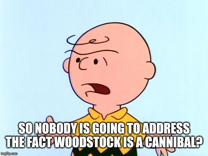 Angry Charlie Brown | SO NOBODY IS GOING TO ADDRESS THE FACT WOODSTOCK IS A CANNIBAL? | image tagged in angry charlie brown | made w/ Imgflip meme maker