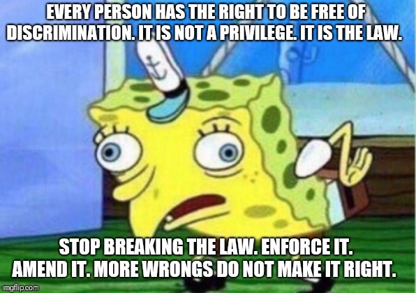 Mocking Spongebob Meme | EVERY PERSON HAS THE RIGHT TO BE FREE OF DISCRIMINATION. IT IS NOT A PRIVILEGE. IT IS THE LAW. STOP BREAKING THE LAW. ENFORCE IT. AMEND IT. MORE WRONGS DO NOT MAKE IT RIGHT. | image tagged in memes,mocking spongebob | made w/ Imgflip meme maker