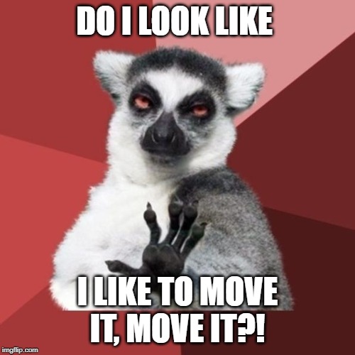Chill Out Lemur Meme | DO I LOOK LIKE; I LIKE TO MOVE IT, MOVE IT?! | image tagged in memes,chill out lemur | made w/ Imgflip meme maker