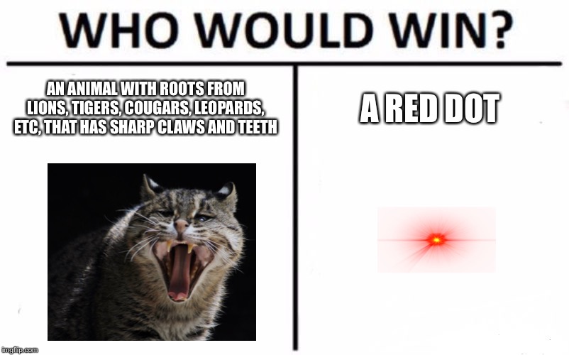 Who Would Win? | AN ANIMAL WITH ROOTS FROM LIONS, TIGERS, COUGARS, LEOPARDS, ETC, THAT HAS SHARP CLAWS AND TEETH; A RED DOT | image tagged in memes,who would win | made w/ Imgflip meme maker