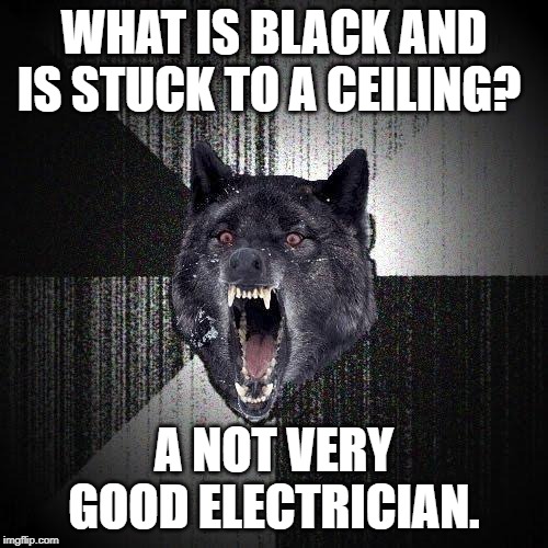 Insanity Wolf | WHAT IS BLACK AND IS STUCK TO A CEILING? A NOT VERY GOOD ELECTRICIAN. | image tagged in memes,insanity wolf | made w/ Imgflip meme maker