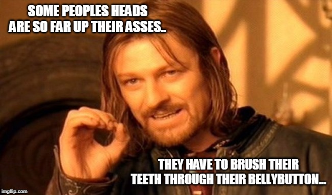 One Does Not Simply Meme | SOME PEOPLES HEADS ARE SO FAR UP THEIR ASSES.. THEY HAVE TO BRUSH THEIR TEETH THROUGH THEIR BELLYBUTTON... | image tagged in memes,one does not simply | made w/ Imgflip meme maker
