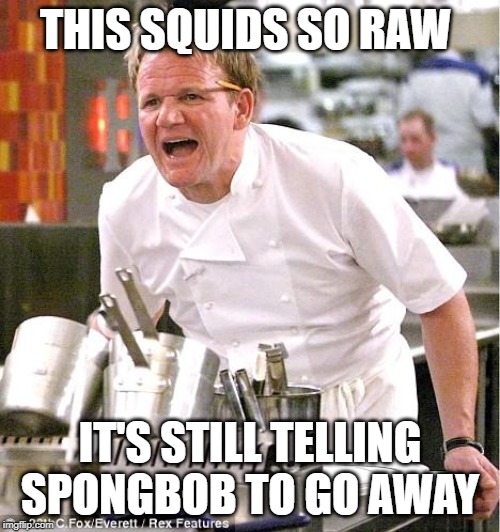 Chef Gordon Ramsay | THIS SQUIDS SO RAW; IT'S STILL TELLING SPONGBOB TO GO AWAY | image tagged in memes,chef gordon ramsay | made w/ Imgflip meme maker