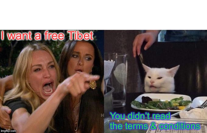 Woman Yelling At Cat Meme | I want a free Tibet You didn’t read the terms & conditions | image tagged in memes,woman yelling at cat | made w/ Imgflip meme maker