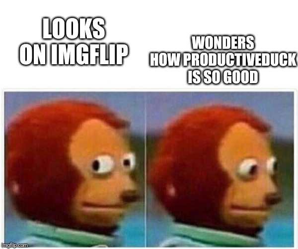 Monkey Puppet | WONDERS HOW PRODUCTIVEDUCK IS SO GOOD; LOOKS ON IMGFLIP | image tagged in monkey puppet | made w/ Imgflip meme maker