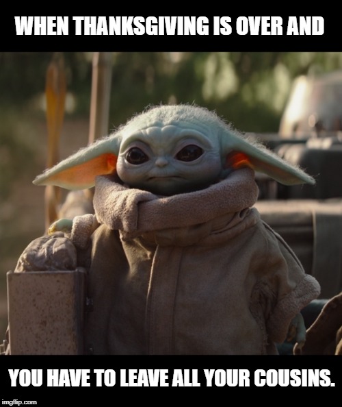 Sad Baby Yoda | WHEN THANKSGIVING IS OVER AND; YOU HAVE TO LEAVE ALL YOUR COUSINS. | image tagged in sad,baby yoda,starwars,the mandalorian,thanksgiving | made w/ Imgflip meme maker