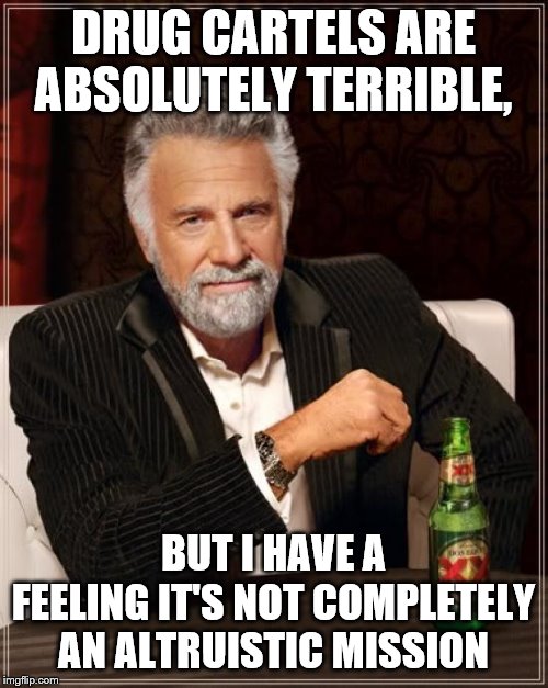 The Most Interesting Man In The World Meme | DRUG CARTELS ARE ABSOLUTELY TERRIBLE, BUT I HAVE A FEELING IT'S NOT COMPLETELY AN ALTRUISTIC MISSION | image tagged in memes,the most interesting man in the world | made w/ Imgflip meme maker