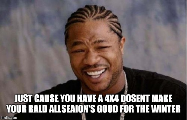 Yo Dawg Heard You | JUST CAUSE YOU HAVE A 4X4 DOSENT MAKE YOUR BALD ALLSEAION'S GOOD FOR THE WINTER | image tagged in memes,yo dawg heard you | made w/ Imgflip meme maker