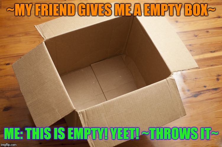 Empty Box | ~MY FRIEND GIVES ME A EMPTY BOX~; ME: THIS IS EMPTY! YEET! ~THROWS IT~ | image tagged in empty box | made w/ Imgflip meme maker