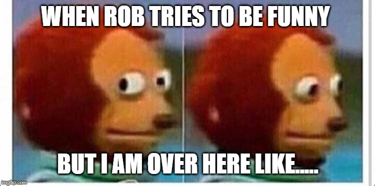 Awkward muppet | WHEN ROB TRIES TO BE FUNNY; BUT I AM OVER HERE LIKE..... | image tagged in awkward muppet | made w/ Imgflip meme maker