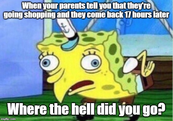 Mocking Spongebob | When your parents tell you that they're going shopping and they come back 17 hours later; Where the hell did you go? | image tagged in memes,mocking spongebob | made w/ Imgflip meme maker