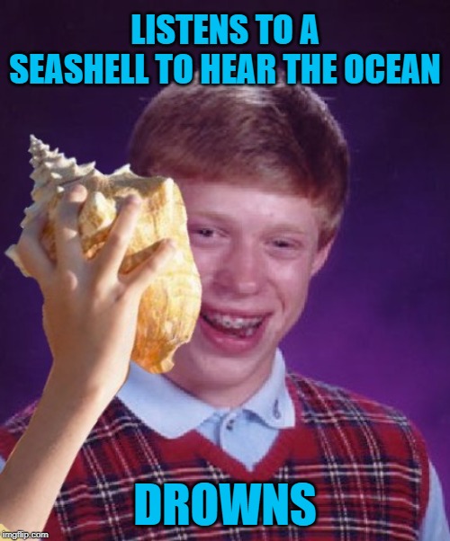 Bad Luck Shell | LISTENS TO A SEASHELL TO HEAR THE OCEAN; DROWNS | image tagged in funny memes,bad luck brian,ocean,seashell,waves | made w/ Imgflip meme maker