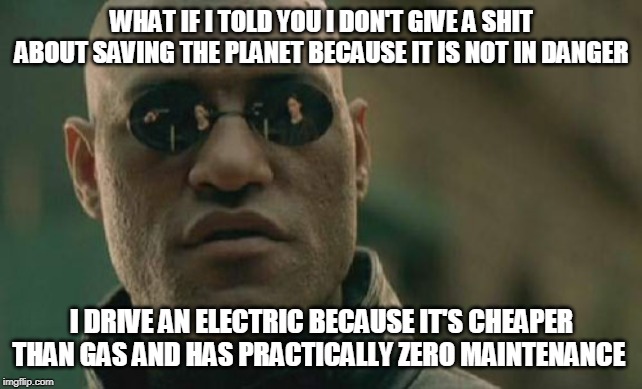 Matrix Morpheus Meme | WHAT IF I TOLD YOU I DON'T GIVE A SHIT ABOUT SAVING THE PLANET BECAUSE IT IS NOT IN DANGER I DRIVE AN ELECTRIC BECAUSE IT'S CHEAPER THAN GAS | image tagged in memes,matrix morpheus | made w/ Imgflip meme maker