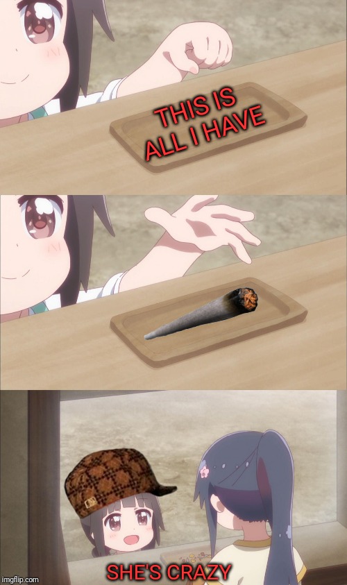 Yuu buys a cookie | THIS IS ALL I HAVE; SHE'S CRAZY | image tagged in yuu buys a cookie | made w/ Imgflip meme maker