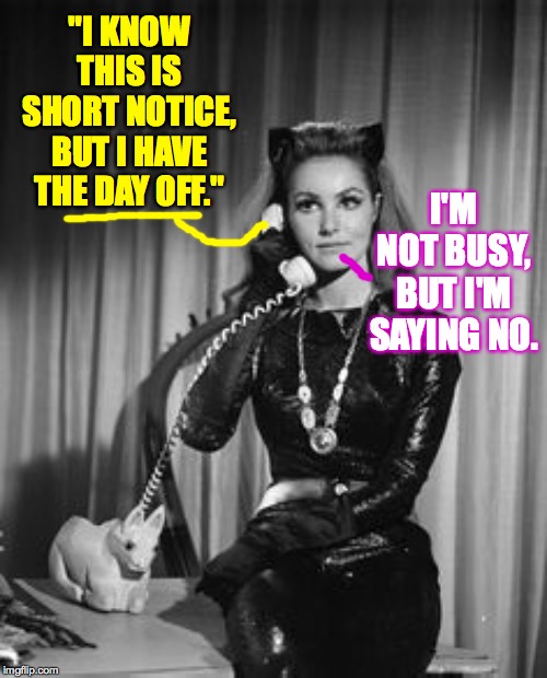 Catwoman calling | "I KNOW THIS IS SHORT NOTICE, BUT I HAVE THE DAY OFF." I'M NOT BUSY, BUT I'M SAYING NO. | image tagged in catwoman calling | made w/ Imgflip meme maker