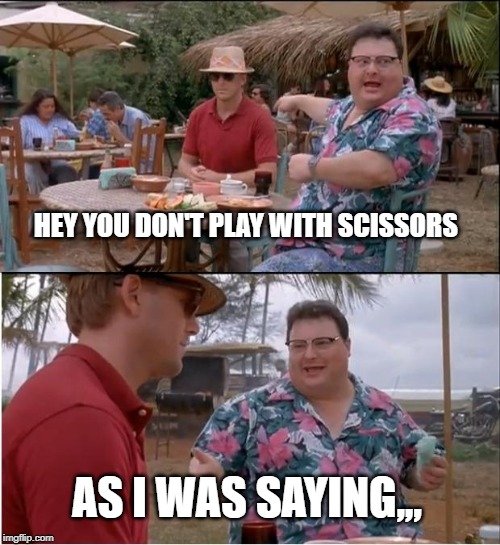 See Nobody Cares Meme | HEY YOU DON'T PLAY WITH SCISSORS; AS I WAS SAYING,,, | image tagged in memes,see nobody cares | made w/ Imgflip meme maker